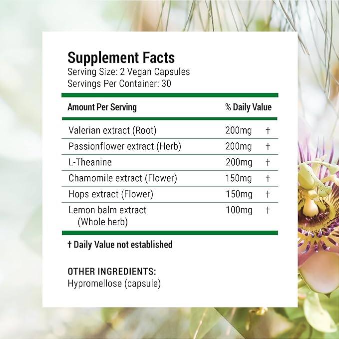 Nested Naturals Luna Sleep Supplement, Melatonin Free, Non-Habit Forming Herbal Sleep Supplement, Adult Bedtime Support, Help Sleeping w/Chamomile, Valerian, L-Theanine, 60 Vegan Capsules
