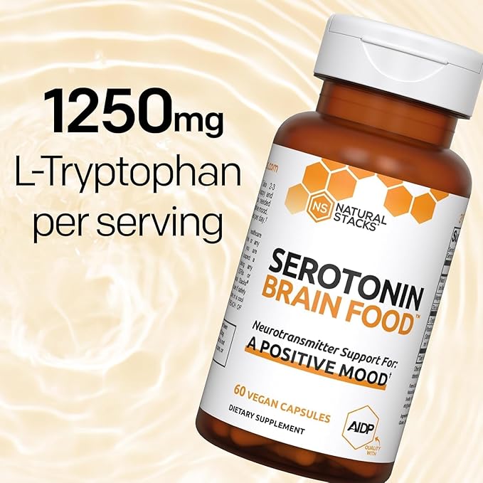 Serotonin Brain Food - 1250mg L-Tryptophan & 400mg Rhodiola Rosea Supplement - Mood Support Supplement for Stress Relief - Neurotransmitter Support with Magnesium Glycinate & Zinc - 120 Capsules