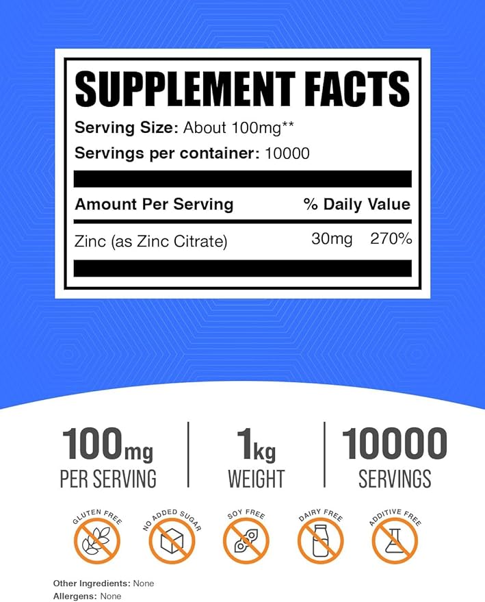 BulkSupplements.com Zinc Citrate Powder - Zinc Supplements, Zinc 30mg, Zinc Powder - Pure Zinc Citrate, for Immune Support - Gluten Free, 100mg per Serving, 1kg (2.2 lbs)