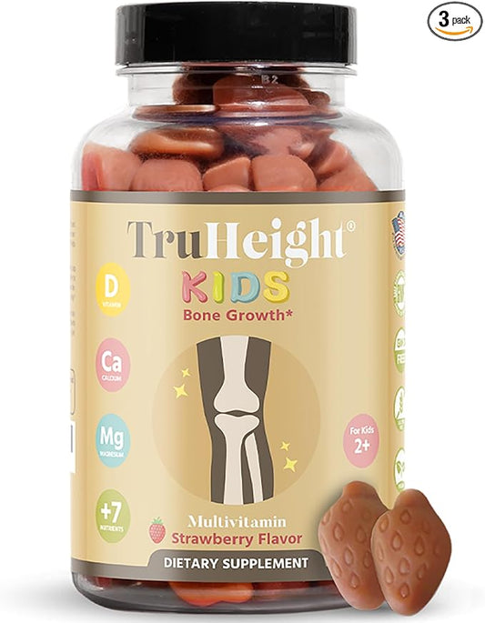 TruHeight Kids Bone Growth Gummies (Strawberry, Ages 2+) All Natural Kids & Toddler Vitamins - Vitamin D, Calcium, K2, Magnesium Multivitamin - Natural Growth & Development, Builds Strong Bones, Vegan