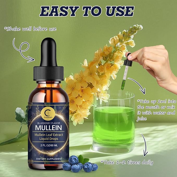 Mullein Leaf Extract Drops for Lungs - Lung Cleanse & Detox, Pure Mullein Leaf Liquid Drops, Support for Respiratory, Immune, Digestive System, Vegan, Non-GMO, Blueberry Flavor, 2 FL OZ