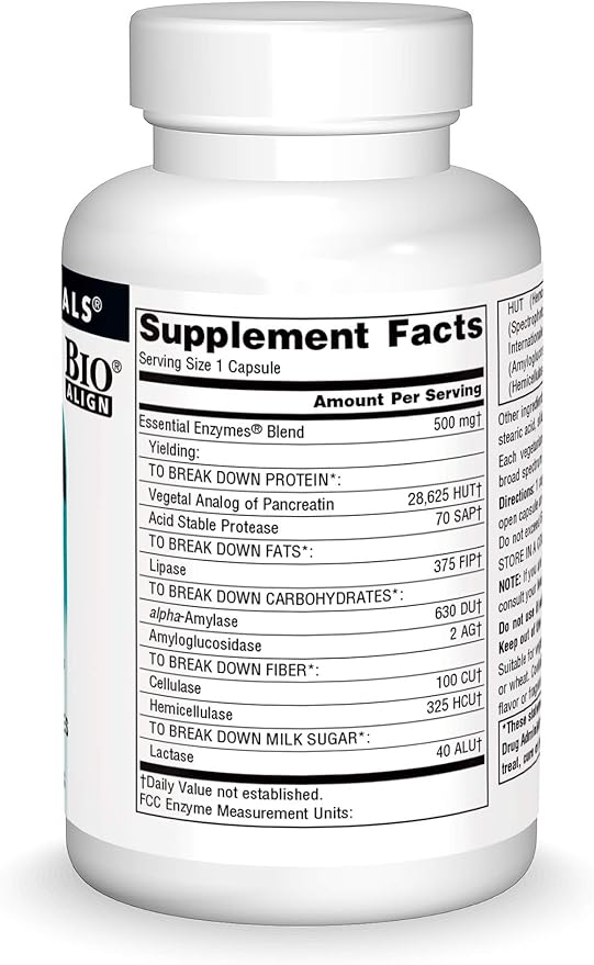 Source Naturals Essential Enzymes 500mg Bio-Aligned Multiple Enzyme Supplement Herbal Defense for Digestion, Gas, Constipation & Bloating Relief - Supports Immune System* - 120 Vegetarian Capsules