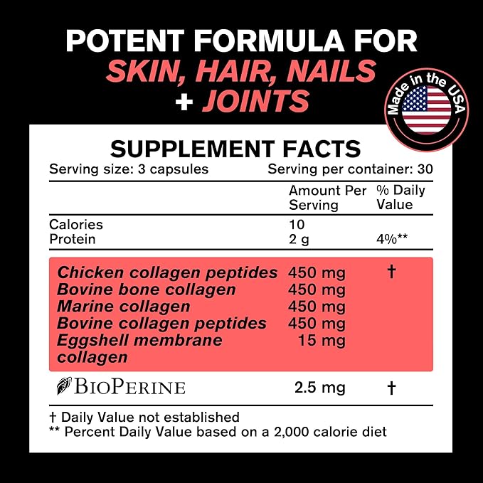 Collagen Pills 1800 mg - Multi Collagen Supplements (Types I, II, III, V & X) Grass Fed Non GMO Collagen Peptides Pills for Hair, Skin and Joints - Hydrolyzed Collagen Protein Powder for Women and Men