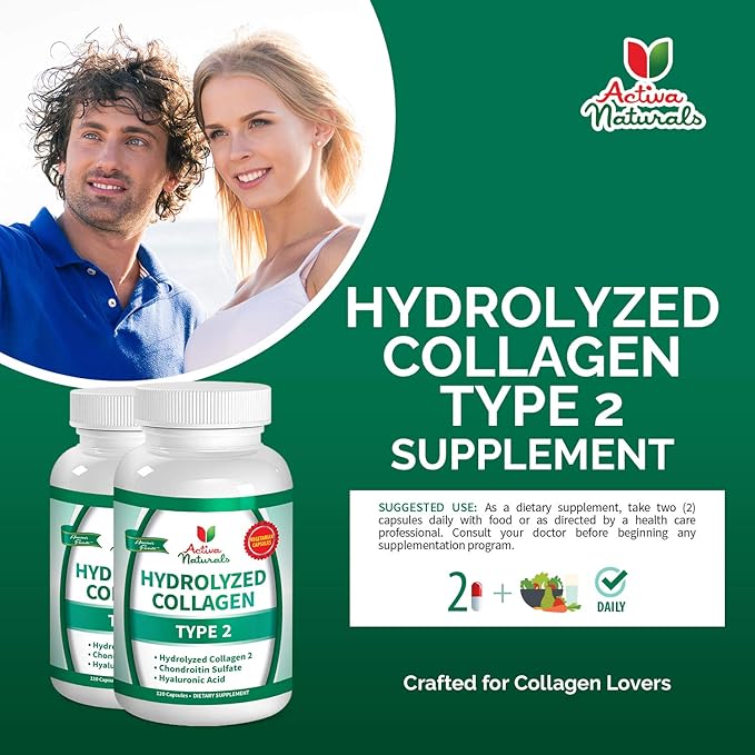 Collagen Type 2 Hydrolyzed Supplement with Chondroitin and Hyaluronic, for Healthy Hair, Skin, Nails, and Joints, No Fillers, Additives, and No Artificial Colors - 120 Vegetarian Capsules