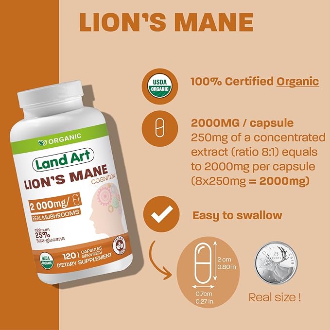 Land Art Certified Organic Lion's Mane - Cognition & Memory - 120 Days Supply - 2000mg - Cognition & Memory - Multiple Extraction - Mental Clarity - Focus