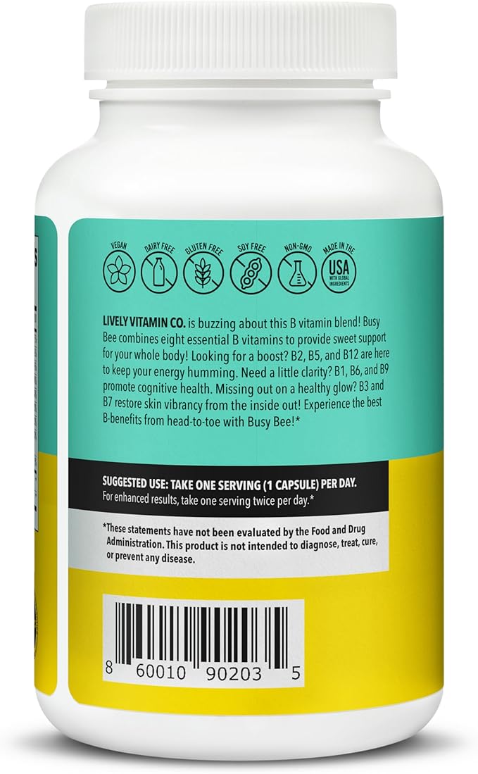 LIVELY VITAMIN CO. Busy Bee - Highly Bioavailable Vitamin B Complex with Choline - Energy - Stress - Brain Fog - Mental Clarity - Oxidative Damage - Dairy Soy Gluten Free - 90 Vegan Capsules