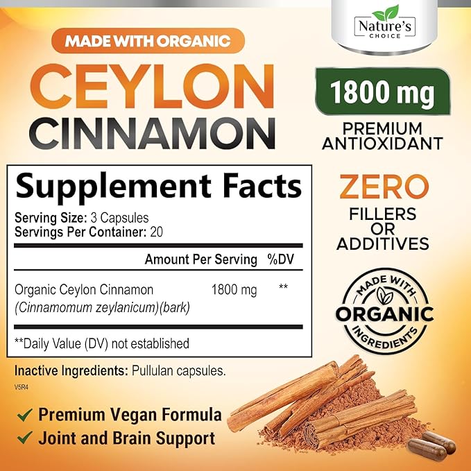 Organic Ceylon Cinnamon Capsules 1800mg - Pure Ceylon Cinnamon Supplements, 1800 mg Certified Organic Powder, Bottled in USA, Non-GMO Gluten Free Sugar Free, Antioxidant Pills Supplement, 60 Capsules