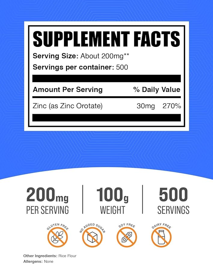 BulkSupplements.com Zinc Orotate Powder - Zinc Minerals Supplement, for Immune Support - Gluten Free, 200mg per Serving, 100g (3.5 oz) (Pack of 1)