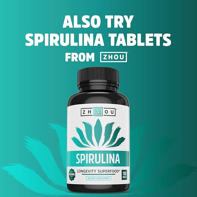 Zhou Spirulina Powder, Nutrient Rich Superfood, California Grown, 100% Pure, Vegan, Gluten Free, Non-GMO, Non-Irradiated, Perfect for Smoothies, Juices, 48 Servings, 6 oz