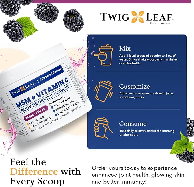 Twig & Leaf MSM + Vitamin C Powder - MSM Powder for Hair Growth & Nail Strength - MSM Supplement for Joint Flexibility - Wildberry MSM Sulfur Powder 30 Servings Non-GMO & Gluten Free - 7.9 Oz