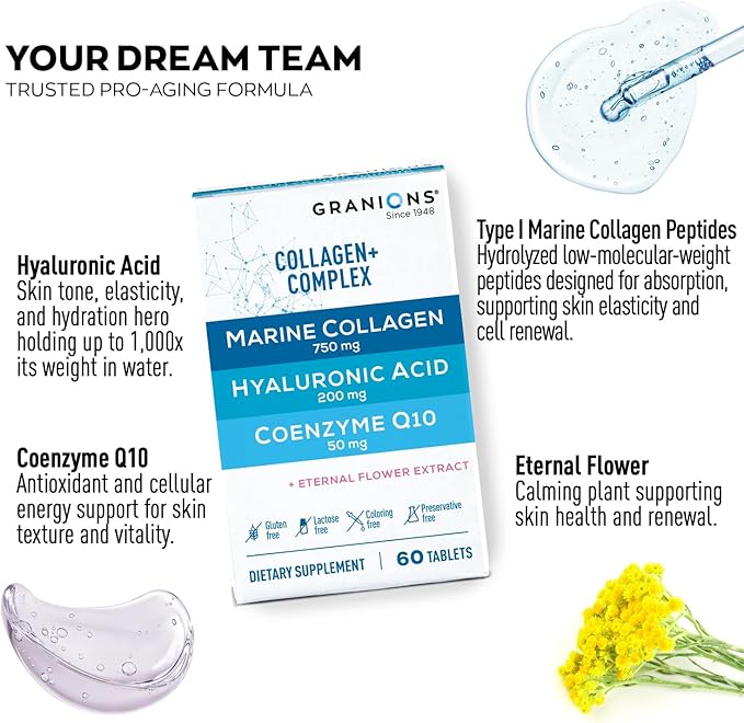 Collagen Complex Supplement – 750mg Hydrolyzed Marine Collagen Peptides, 200mg Hyaluronic Acid, Coenzyme Q10 CoQ10, Eternal Flower Hydration, Age Defense Supplements - 60 Foil Sealed Tablets