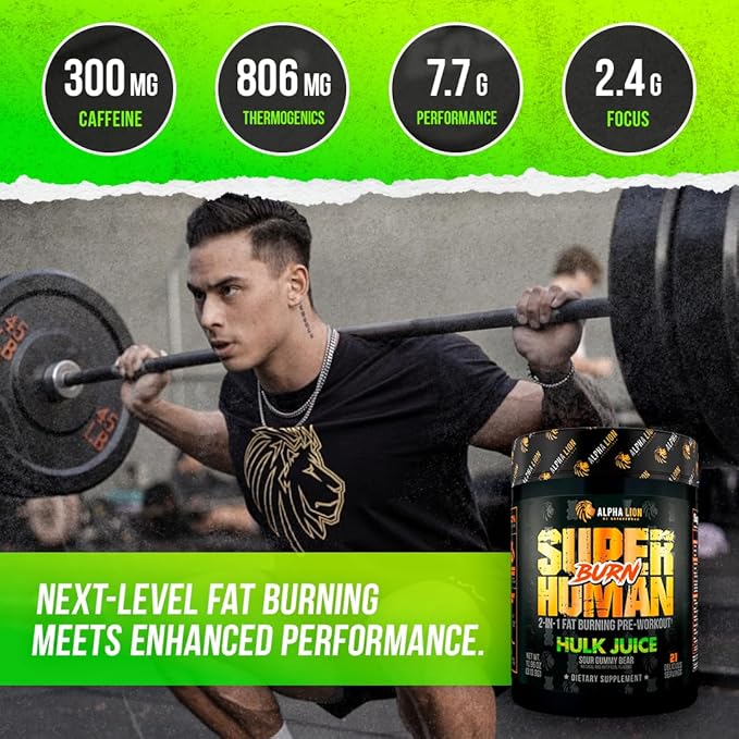 ALPHA LION Superhuman Burn 2-in-1 Metabolism Booster Pre Workout, Weight Loss Supplement, Appetite Suppressant, Fat Loss Support, Energy & Focus Powder (21 Servings, Hulk Juice)