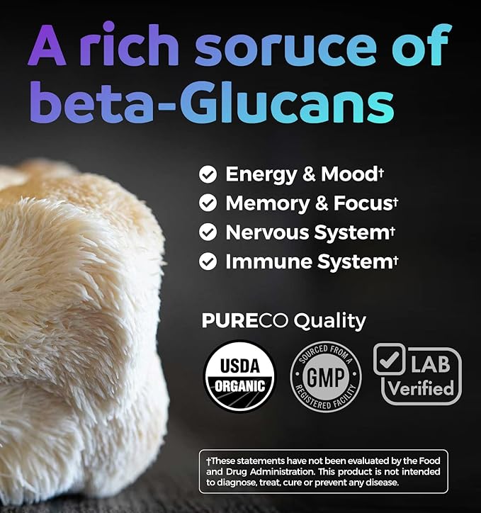 USDA Organic Lions Mane Capsules - 10:1 Extract Equals 10,000mg of Lion’s Mane Mushroom - Powerful 30% Polysaccharides - for Energy, Memory and Focus Supplement - 60 Vegan Capsules (No Pills/Powder)