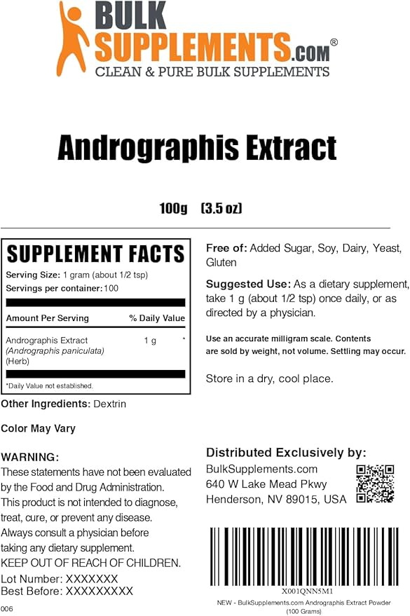 BulkSupplements.com Andrographis Extract Powder - Andrographis Paniculata, Herbal Supplement - Gluten Free, 1g per Serving, 100g (3.5 oz) (Pack of 1)