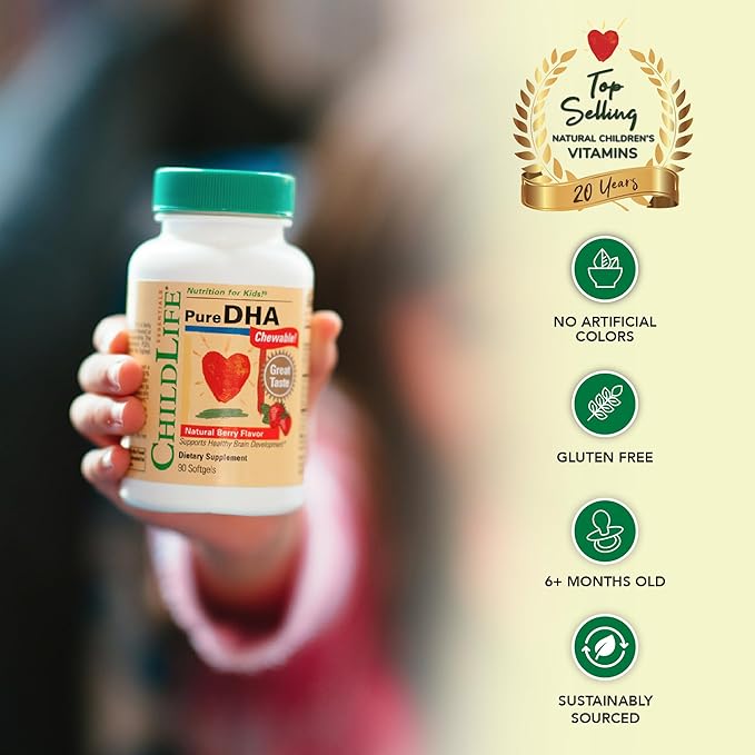 CHILDLIFE ESSENTIALS Pure DHA for Kids - DHA Supplements, DHA EPA Omega 3 Supplement, Children DHA Chewables, Baby DHA, Fish Oil for Toddlers, Gluten Free - Natural Berry, 90 Softgels (Pack of 1)