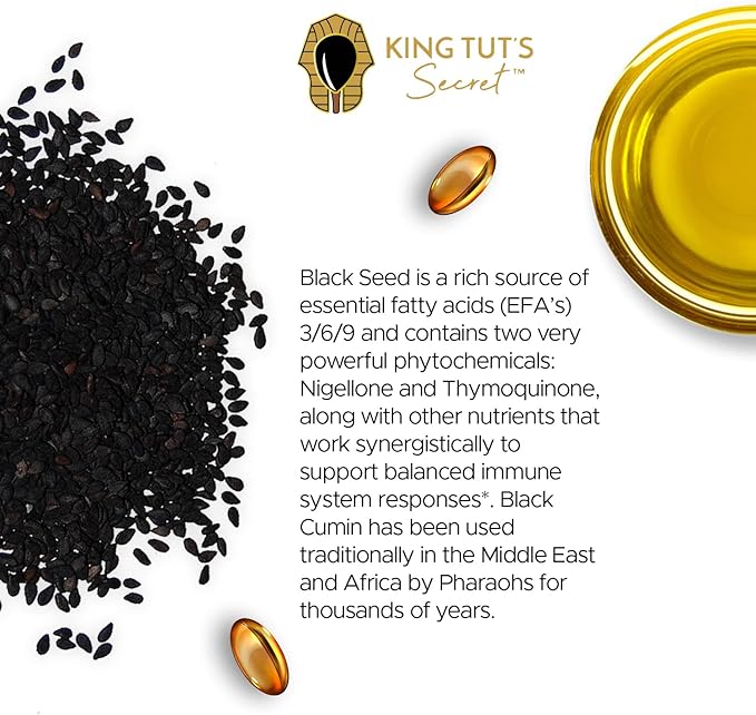 KING TUT'S SECRET Black Seed Capsules - 500 mg 100 Softgels - Nigella Sativa Extract, Black Cumin Supplement for Hair, Antioxidant Support, Immune System - Halal Black Seed Cumin Oil Capsules