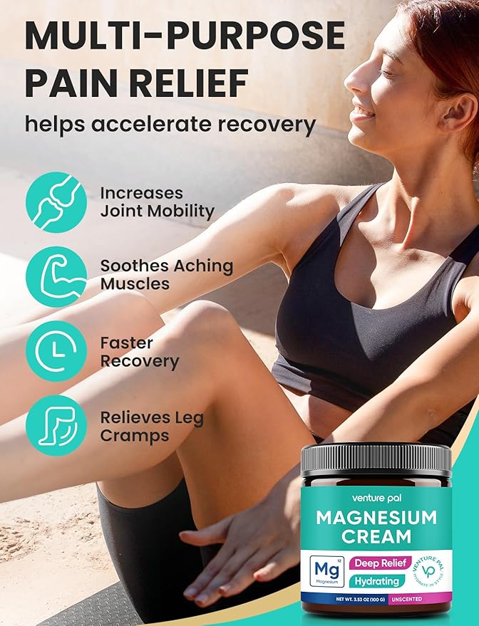 Venture Pal Magnesium Lotion, Topical Magnesium Cream for Sleep, Leg Cramps & Pain, Muscle Relaxation, Calm, Moisturizing Supplement with Coconut Oil, Shea Butter & Hyaluronic Acid, Safe for Kids
