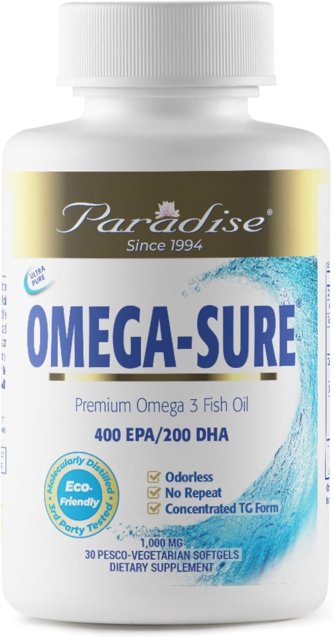 Paradise Herbs Omega-Sure, Omega-3 Concentrate, Premium Fish Oil, DHA, EPA, Vegan, Non GMO, Gluten Free, 30 Count Vegetarian Softgels