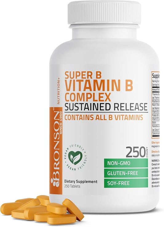 Bronson Super B Vitamin B Complex Sustained Slow Release (Vitamin B1, B2, B3, B6, B9 - Folic Acid, B12) Contains All B Vitamins 250 Tablets