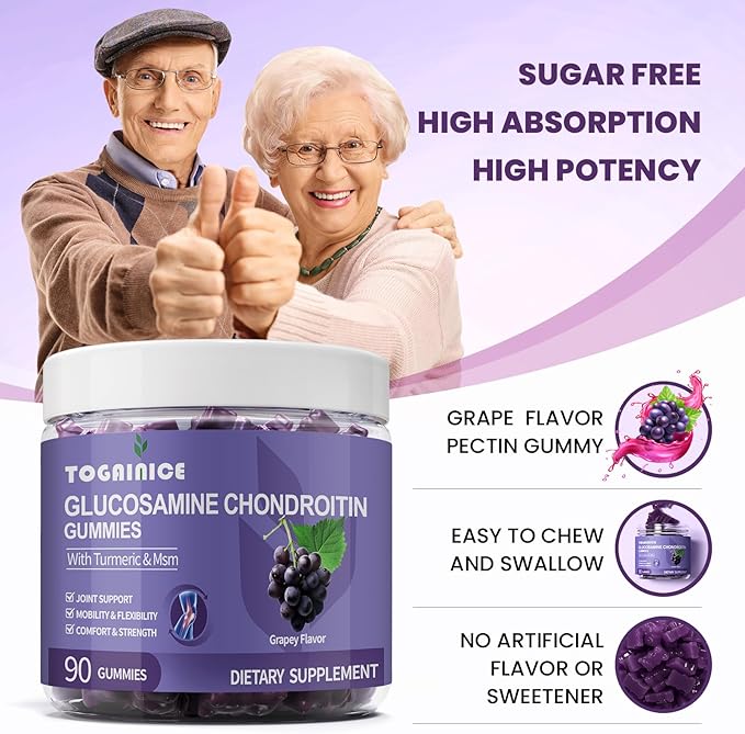 Glucosamine Chondroitin Gummies Sugar Free,Extra Strength 1500mg Glucosamine with MSM & Turmeric,Joint Support Gummies Supplements for Men & Women,for Joint Flexibility & Bone Health, 90 Count V01