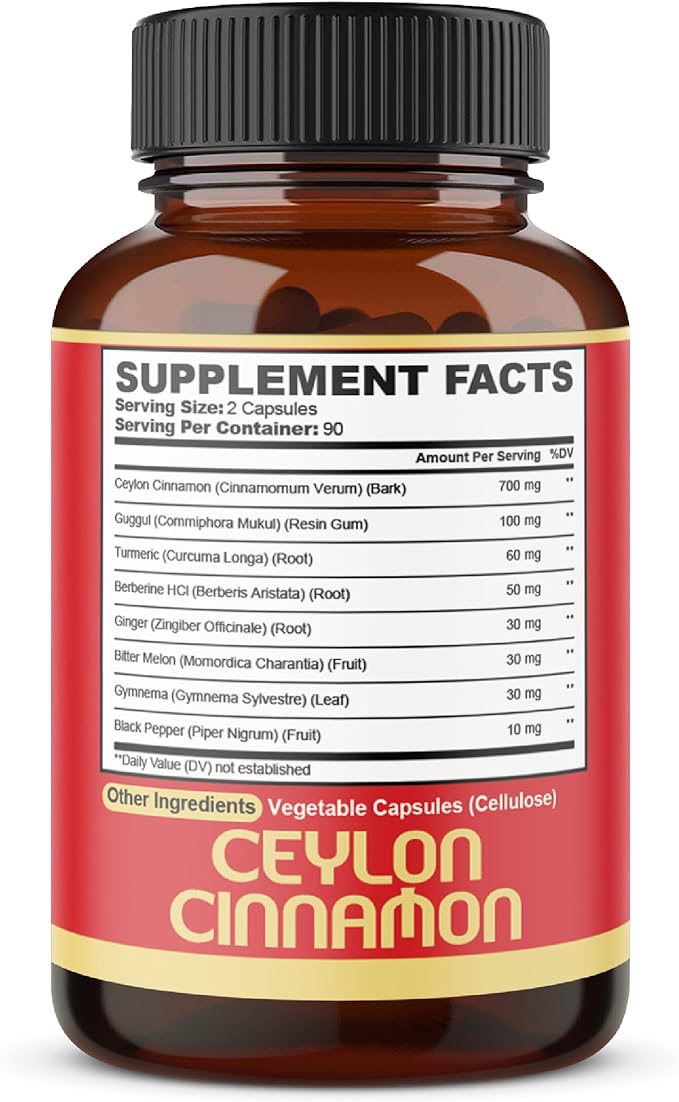 Premium Ceylon Cinnamon with Berberine Supplement - 8in1 Turmeric, Ginger, Gymnema & More - Body, Heart & Immune Support - 180 Capsules
