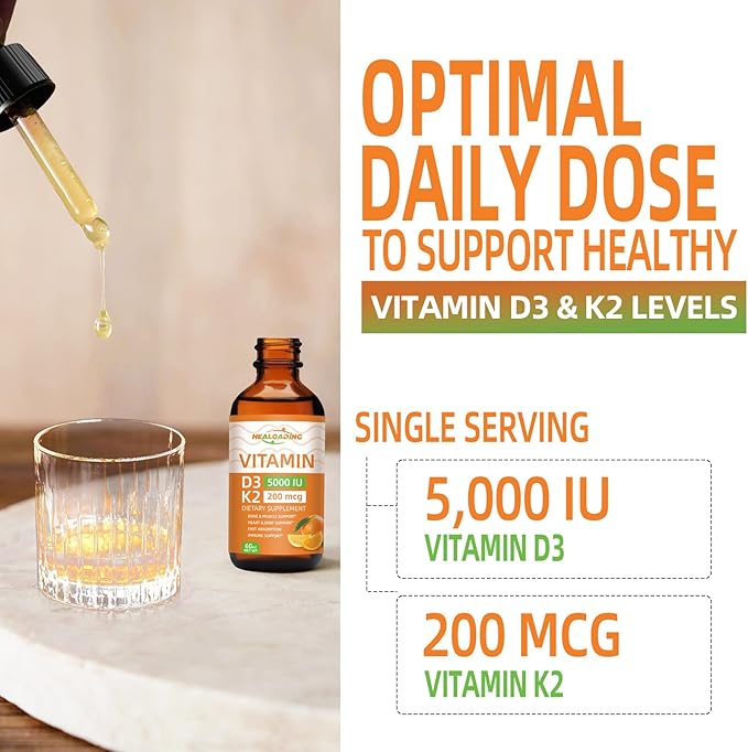 HEALOADING Vitamin D3 K2 Drops, Organic Plant D3 + K2, Vitamin D Liquid 5000 IU, K2 200 mcg Liquid K2 D3 Vitamin Supplements for Body’s Defenses, Faster Absorption, Healthy Bones and Immune Support