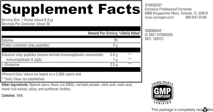 XYMOGEN GI Protect - IgG Immunoglobulin L-Glutamine Powder Supplement - Supports GI Lining + Gut Health, Cytokine Balance, Immune Health + Tissue Repair, Sugar & Stevia Free - Cherry Flavor (6.67 oz)