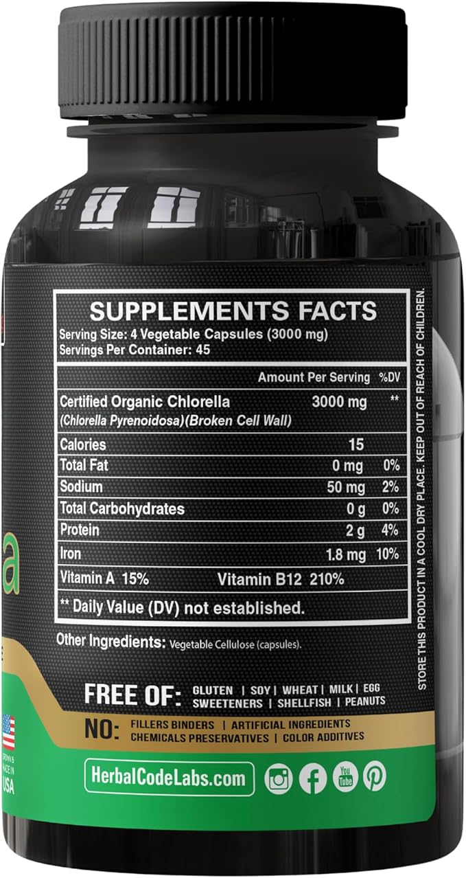 Chlorella Capsules Organic 3000 mg - Cracked Cell Wall Blue Green Algae Supplement - Best Natural Detox Cleanse - Plant Vitamins Minerals Chlorophyll Vegan Protein Powder Pills - Made in USA