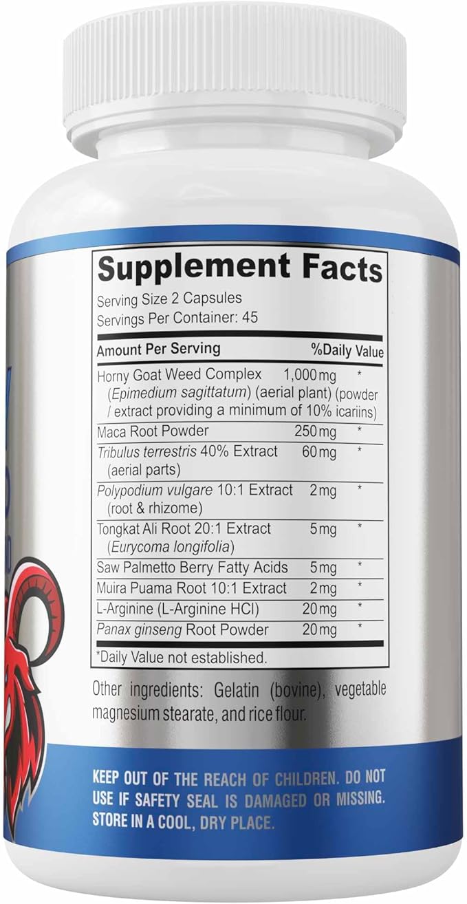 Horny Goat Weed 1590mg Extra Strength w. Maca, L-Arginine, Ginseng, Boost Performance, Stamina, Energy, Non-GMO Formula, 90 Capsules