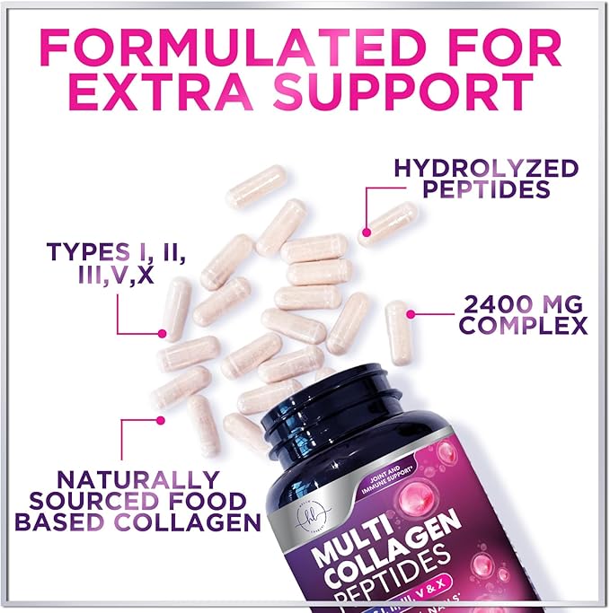 Best Collagen Peptides for Women - Multi-Collagen Hydrolyzed Complex 5 Types, Grass Fed Peptides for Hair, Skin, Nail, Bone & Joint Health Support, Collagen Powder Caps for Women & Men - 60 Capsules