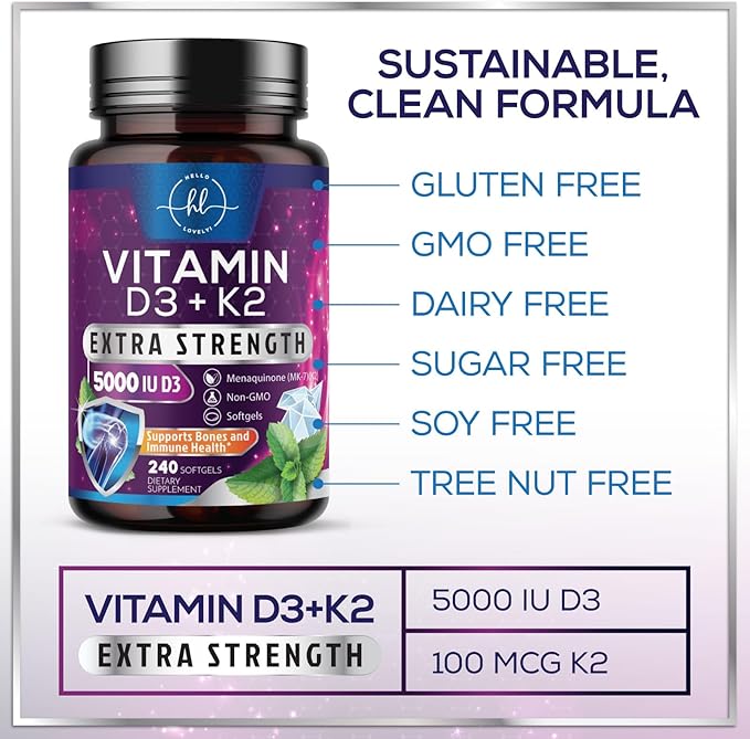 Vitamin D3 5000 IU with K2 100 mcg - D3 K2 Supplement, 2 in 1 Vitamins D & K2 Complex Softgels for Calcium Absorption, Bone, Teeth, Heart & Immune Support, Easy to Swallow, Non GMO - 240 Softgels