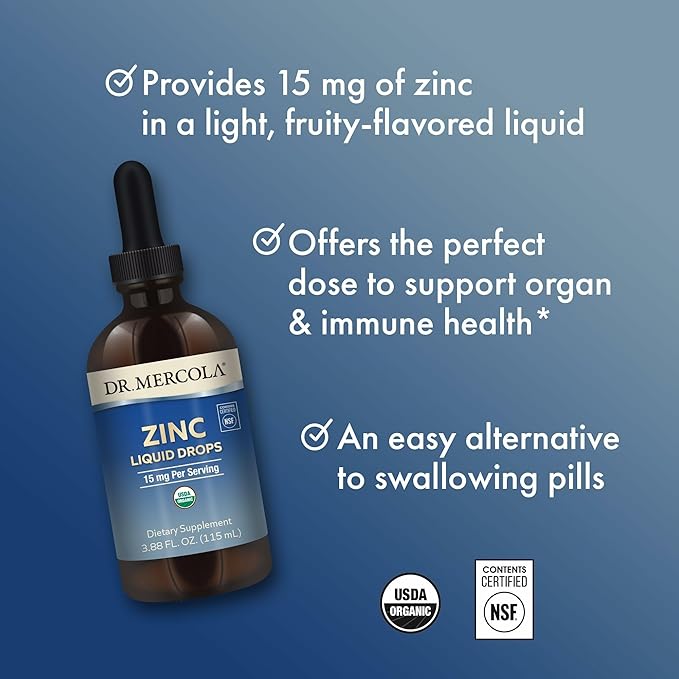 Dr. Mercola Zinc Liquid Drops - Supports Immune & Organ Health - 15 mg Organic Zinc Liquid Drops - USDA Organic - NSF Certified - Non-GMO, Gluten-Free & Soy-Free - 3.88 fl oz (3 Pack)