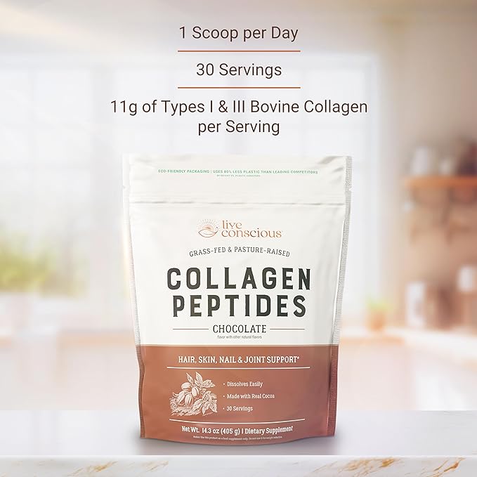 Live Conscious Collagen Peptides Powder - Chocolate Collagen Powder - Hair, Skin, Nail, and Joint Support - Type I & III Grass-Fed Collagen Supplements for Women and Men - 30 Servings - 14.3oz