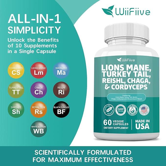 Lions Mane 3000mg Turkey Tail 3000mg Reishl 1000mg Chaga 1000mg Cordyceps Powder Extract Containing Maitaake Shiitake Black Fungus,Brain Supplement, Mineral Supplements, 60 Capsules