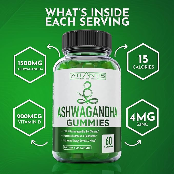 Atlantis Nutrition Ashwagandha Gummies - 1500 MG Per Serving - Promotes Calmness, Improves Mood, Boosts Energy Levels & Strengthens Immune System - Formulated with Vitamin D & Zinc - Vegan | 60 Count