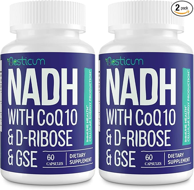 NADH 50mg + CoQ10 200mg + D-Ribose 150mg Supplement, Boosting NAD+ Supplements for Immune System, Cellular Energy, Focus, Reduced Nicotinamide Adenine Dinucleotide, 120 Veggie Capsules