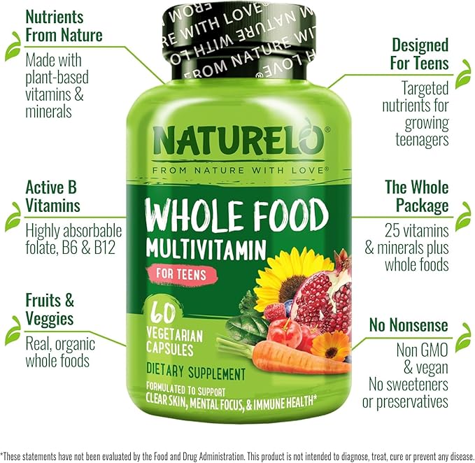 NATURELO Teen Multivitamin - Whole Food Multivitamin - with Minerals for Teenage Boys & Girls - Supplement for Active Kids - Non-GMO - Vegan & Vegetarian - 60 Capsules