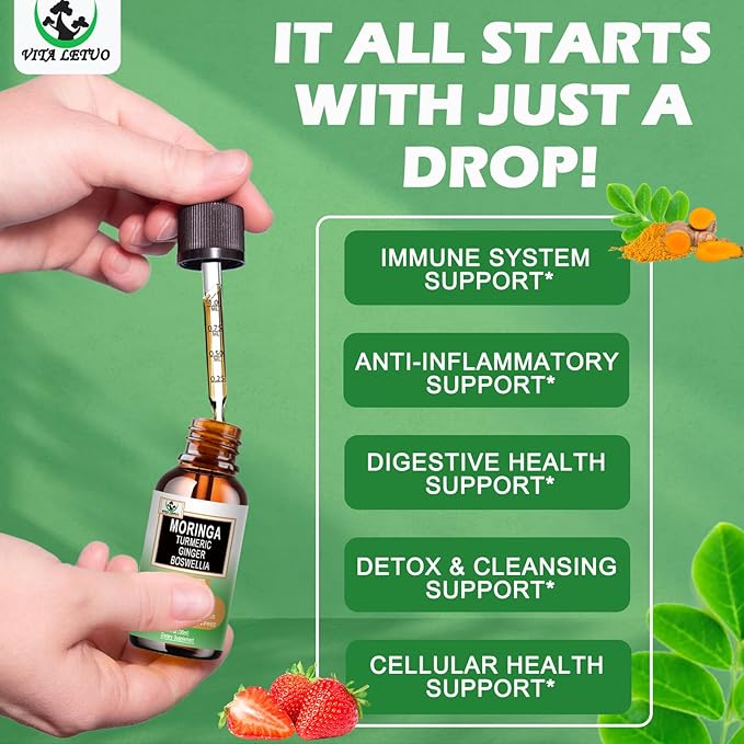 Moringa Drops - Organic Moringa Leaf Extract Liquid with Turmeric Ginger Boswellia for Energy, Skin Health, Gut Health - High Absorption Green Superfood w/Essential Vitamins & Amino Acids