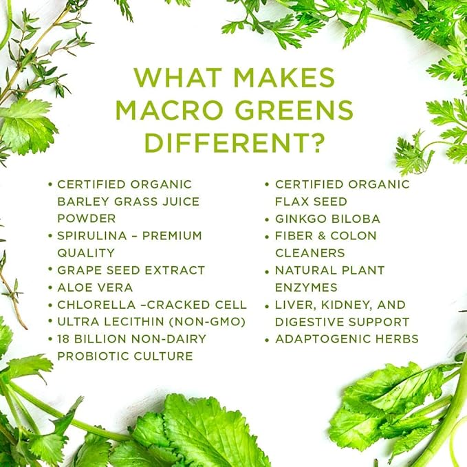 MacroLife Naturals Macro Greens Powder 38 Superfood Probiotic Antioxidant Enzyme & Herbal Supplement Immunity Energy Cleanse - Non-GMO Vegan Gluten-Free Dairy-Free - 30oz (90 Servings)