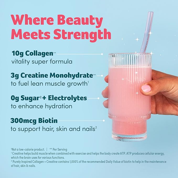 Purely Inspired Collagen and Creatine Powder, Watermelon Strawberry - 10g Collagen & 3g Creatine Builds Lean Muscle - Flavored Drink Mix with Key Electrolytes - Gluten-Free & Zero Sugar