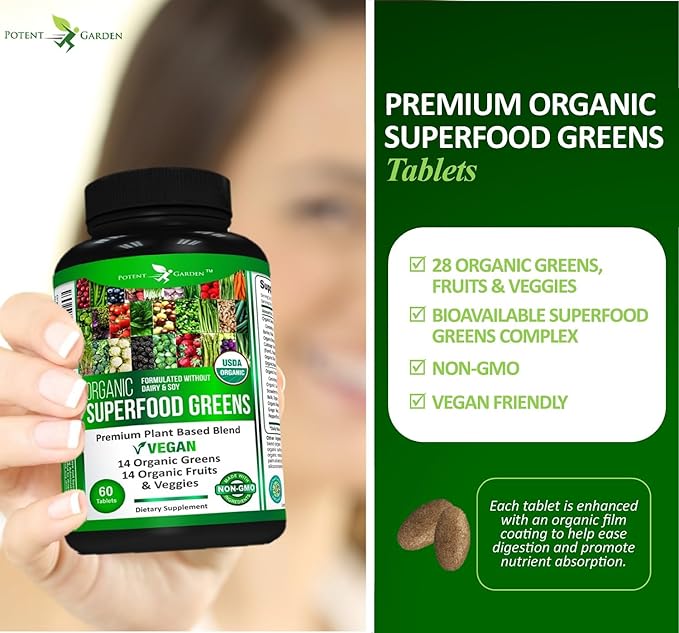Potent Garden Organic Superfood Greens, Fruit and Veggies Supplement Rich in Vitamins & Antioxidants with Alfalfa, Beet Root & Tart Cherry to Boost Energy, Immunity & Gut Health, Greens Tablets 60 Ct