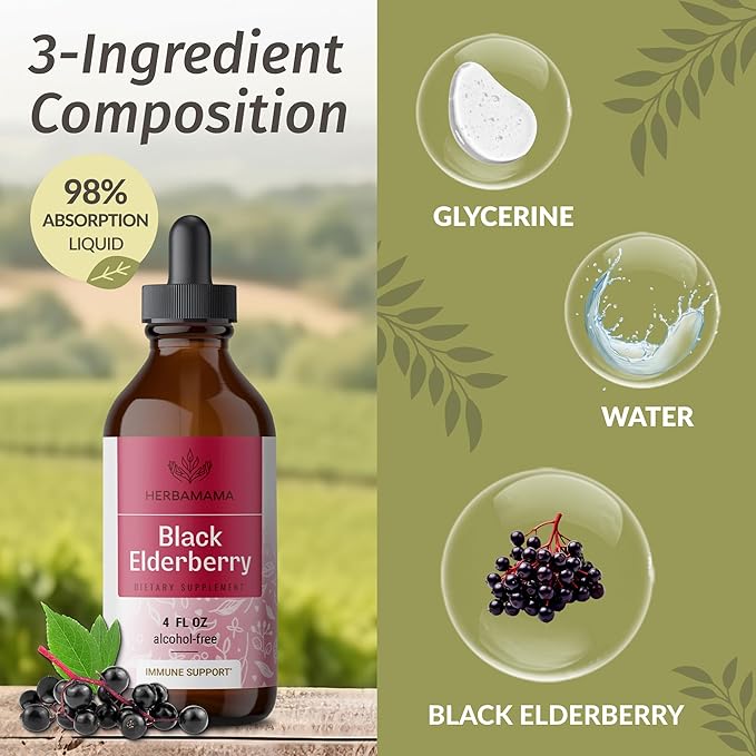 HERBAMAMA Black Elderberry Drops - Vegan Elderberry Liquid Extract for Immune Support - Non-GMO, Alcohol & Sugar-Free Immunity Supplement, 42-Day Supply