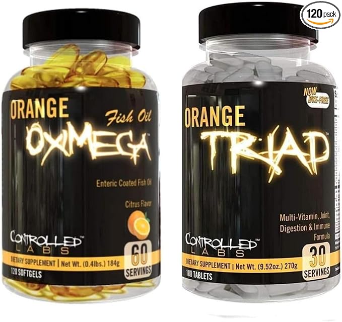 CONTROLLED LABS Overall Health Bundle, 30 Servings Orange Triad, 120 Count Orange Oximega Fish Oil, Muscle Building and Recovery Supplement for Men and Women