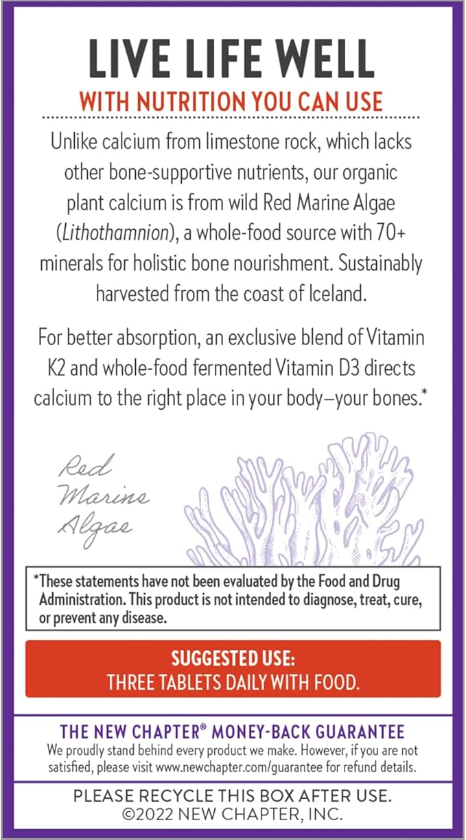 New Chapter Calcium Supplement - Bone Strength Organic Calcium with Magnesium, Vitamin D3+K2, 70+ Trace Minerals for Bone Health, Gluten Free, Easy to Swallow Slim Tablets - 120 Count
