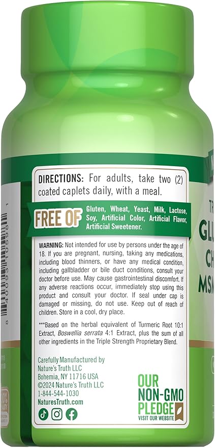 Nature's Truth Glucosamine Chondroitin MSM Complex | 60 Caplets | with Turmeric | Triple Strength Formula | Non-GMO and Gluten Free Supplement