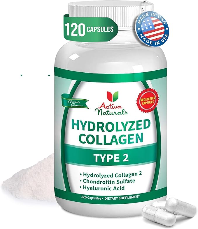 Collagen Type 2 Hydrolyzed Supplement with Chondroitin and Hyaluronic, for Healthy Hair, Skin, Nails, and Joints, No Fillers, Additives, and No Artificial Colors - 120 Vegetarian Capsules