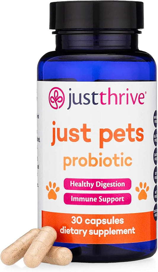 Just Thrive Just Pets Probiotic - Daily Digestive Probiotics for Dogs and Cats - 4 Billion CFUs Pet Probiotic, 30 Capsules