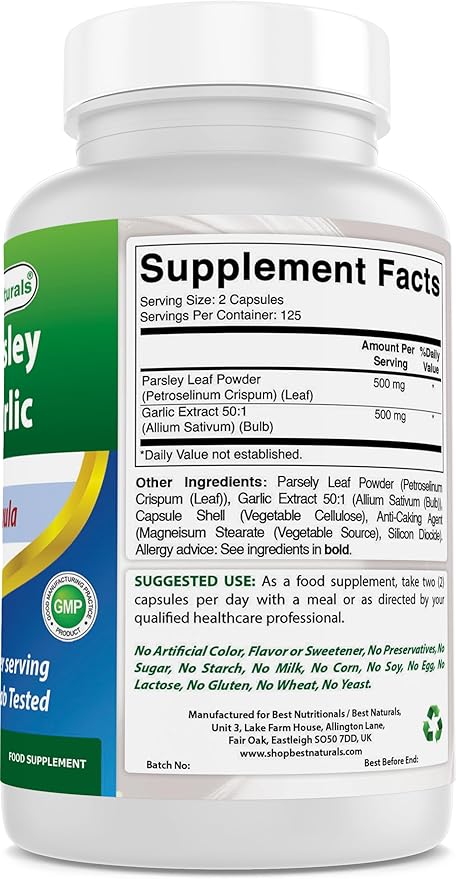 Best Naturals Parsley and Garlic 1000 mg per Serving 250 Vegetarian Capsules. Gluten Free and Non-GMO.