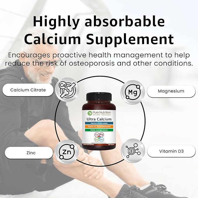 Pure Nutrition Ultra Calcium Citrate 1000mg Highly absorbable Calcium Supplement with Calcium Citrate Malate, Vitamin D, Zinc and Magnesium - 1 Tablet Daily (180 Veg Tabs) Non-GMO | Gluten-Free
