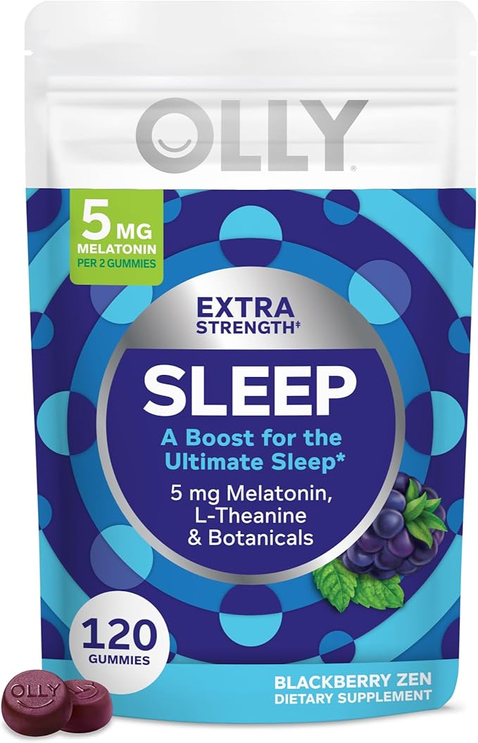 OLLY Extra Strength (5mg) & Regular Strength (3mg) Melatonin Sleep Gummies with L-Theanine, 120 Count Blackberry Flavor